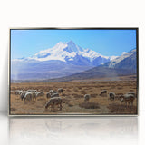 Mid-century modernist art depicting a Tibetan landscape in muted earth tones on a framed acrylic panel.