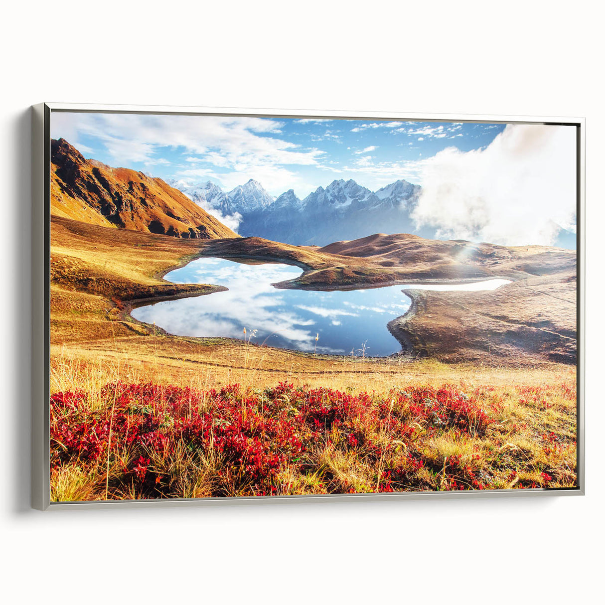 Framed canvas featuring a vintage-style landscape painting of the Georgian countryside in muted earth tones.