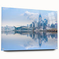 Acrylic print of Hong Kong skyline in muted gray and blue tones, ideal for modern bedroom or dining room decor.
