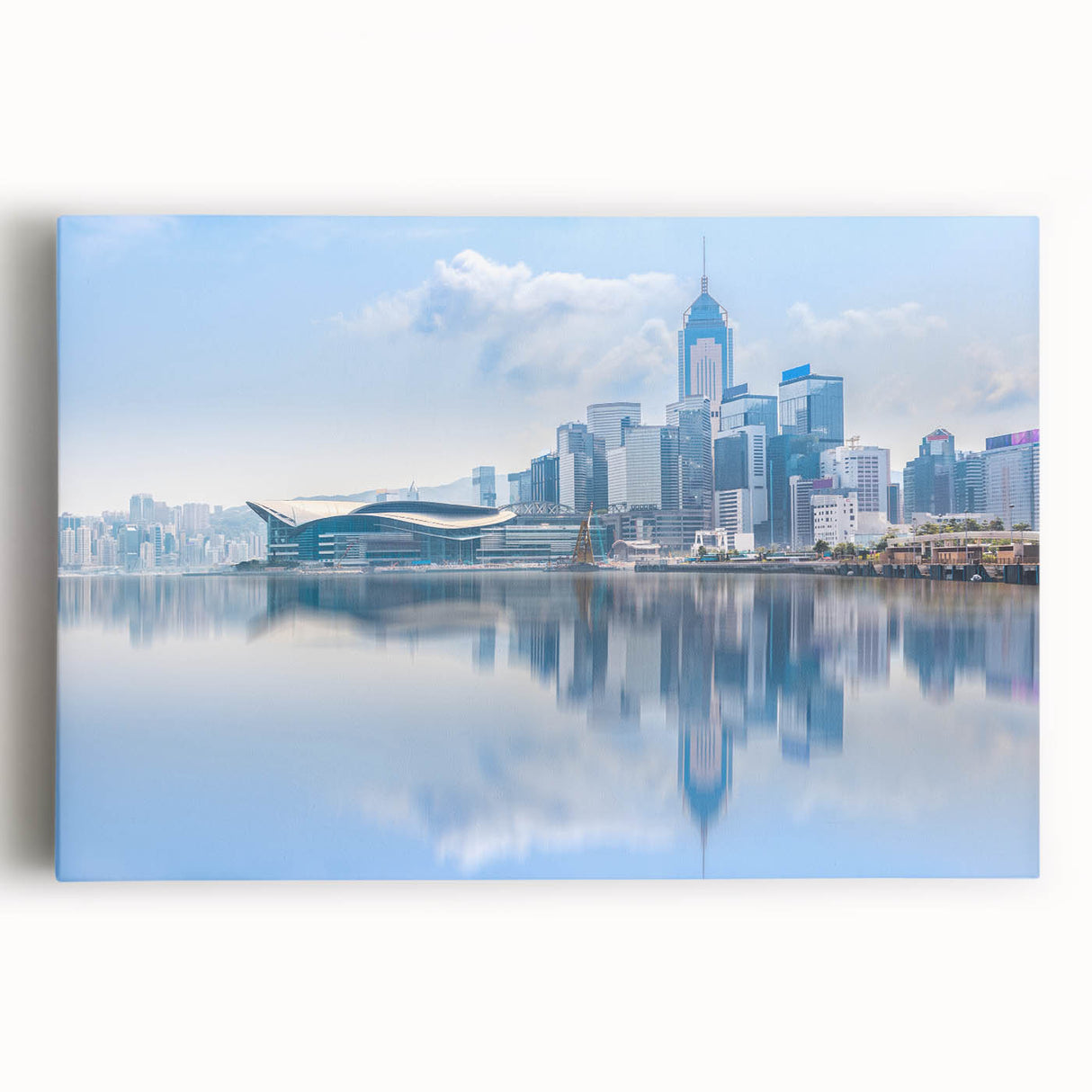 Black and white stretched canvas of Hong Kong skyline, ideal for kitchen wall art.