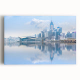 Black and white stretched canvas of Hong Kong skyline, ideal for kitchen wall art.