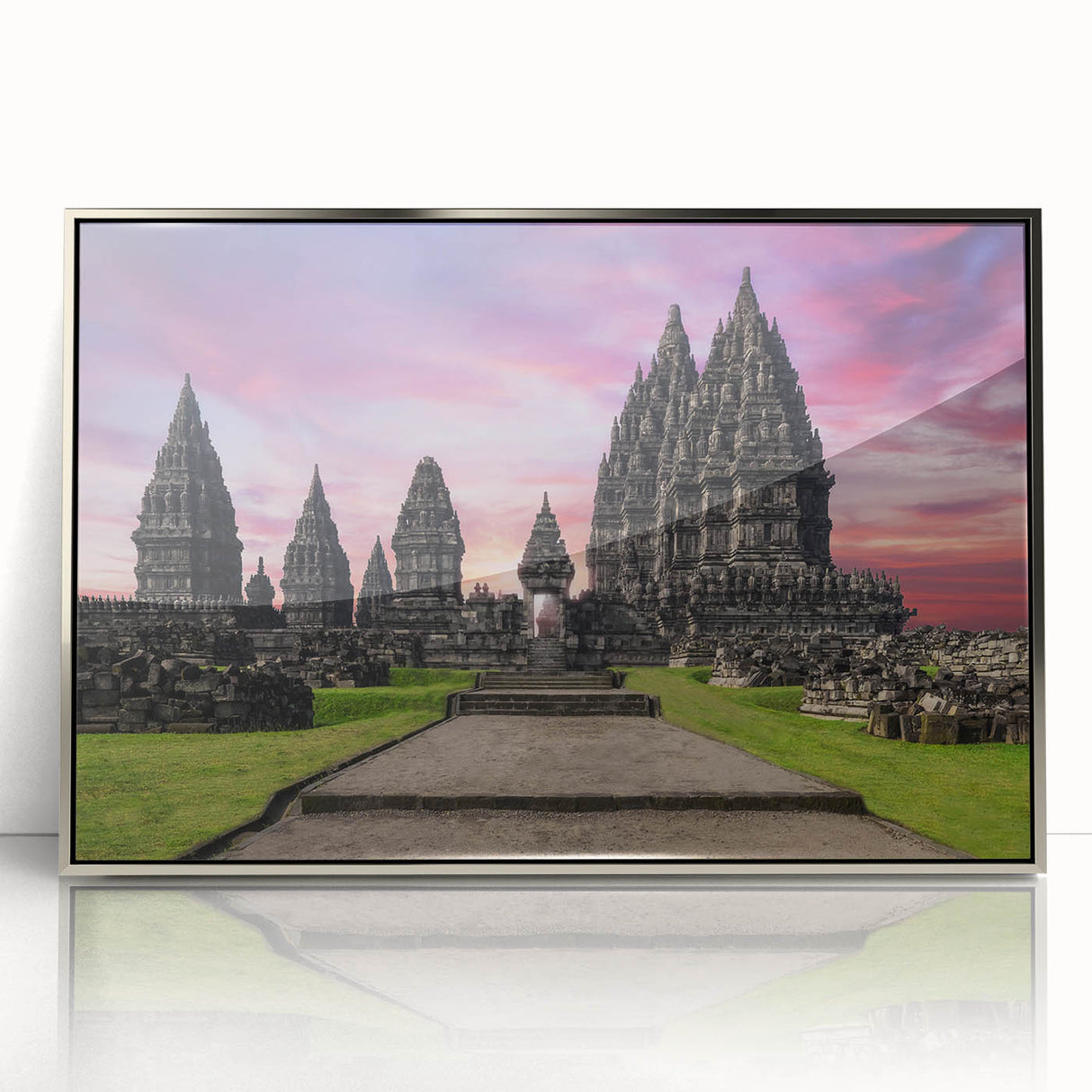 Mid-century modernist art depicting an Indonesian landscape in muted earth tones on a framed acrylic print.