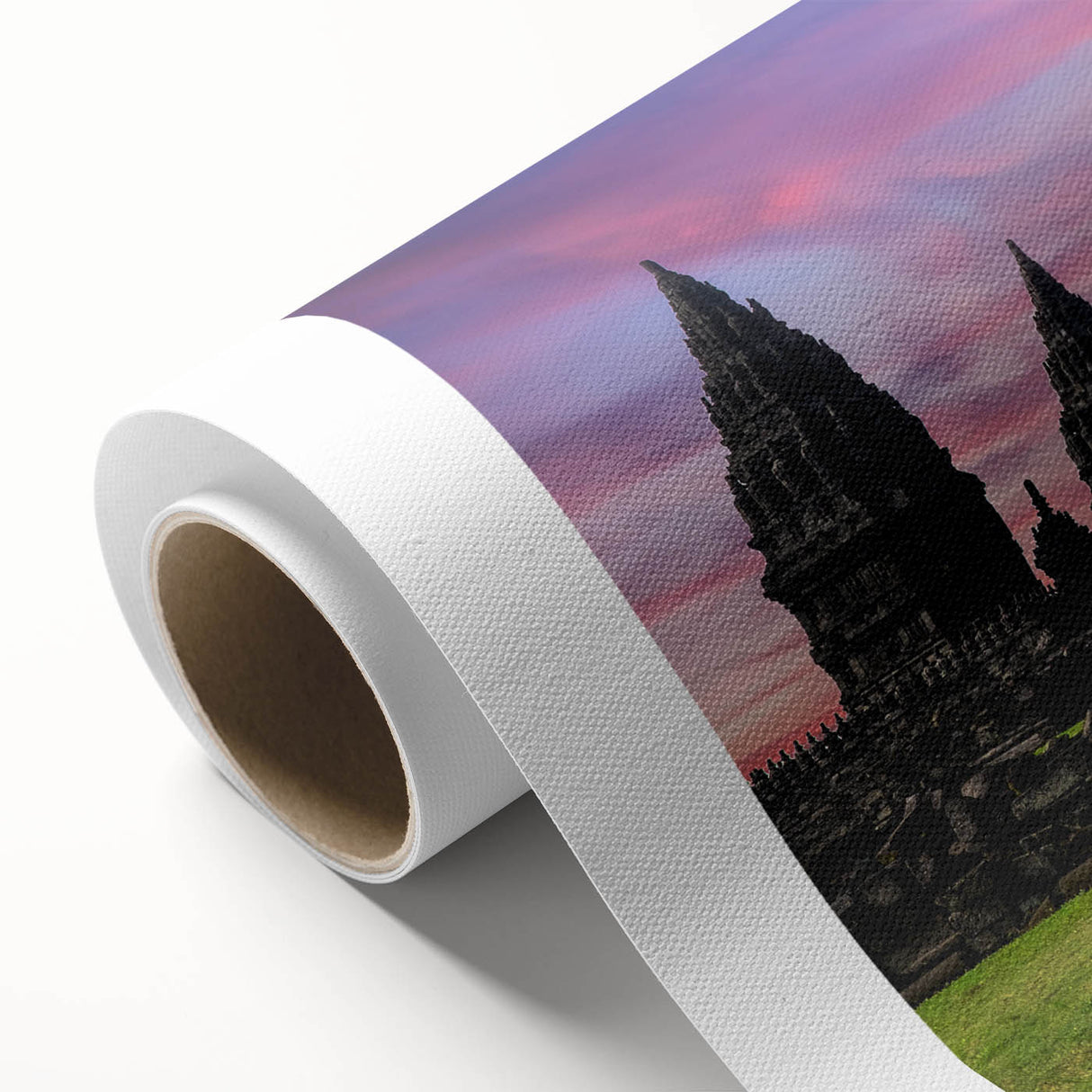 Art deco poster of Indonesian scenery in muted green and brown tones on rolled canvas, ideal for nursery wall art.