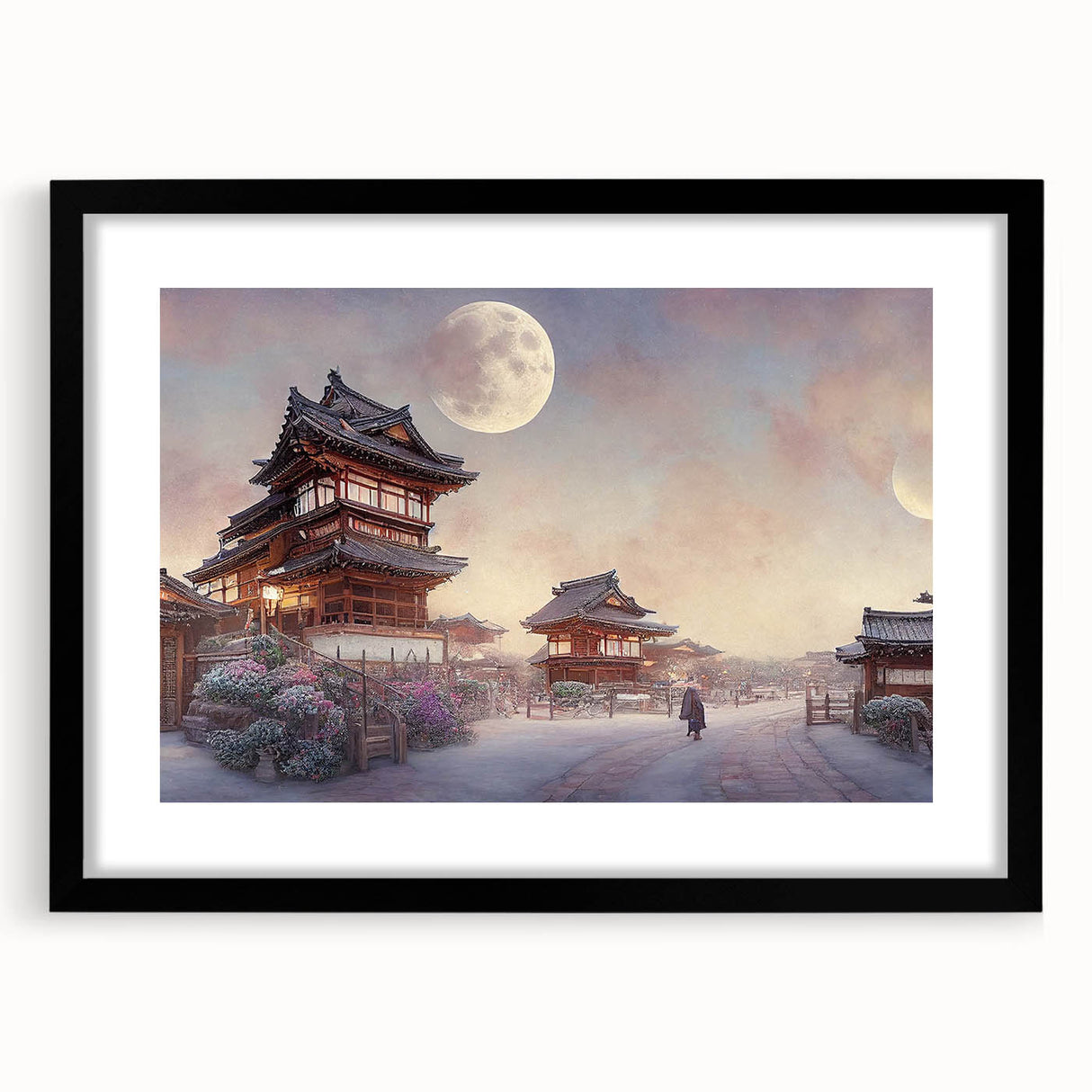 Extra large abstract art print of a colorful, textured Kyoto scenery on a framed black canvas, ideal for living room decor.