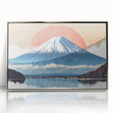 Mid-century modernist art of Mount Fuji with soft pink and blue hues on a framed acrylic print.