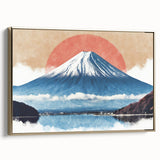 Framed canvas featuring a vintage-style landscape of Mount Fuji with muted gold and black tones, ideal for bedroom wall art.