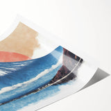 Extra large wall art featuring Mount Fuji with line art flowers in muted colors, ideal for large living room decor.