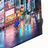 Large abstract depiction of Tokyo skyline in muted gray and blue tones on acrylic glass, suitable for dining room art.