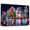 Acrylic print of Tokyo skyline in muted gray and blue tones, ideal for modern bedroom or dining room decor.