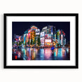 Extra large abstract art print of Tokyo scenery in vibrant colors on a textured canvas, framed in black.