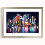 Textured abstract art print depicting a muted Tokyo cityscape, framed with a silver mat, ideal for modern bedroom ambiance.