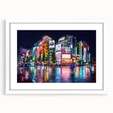 Abstract art print of Tokyo cityscape in muted gray and blue tones, framed with a white mat, ideal for dining room decor.