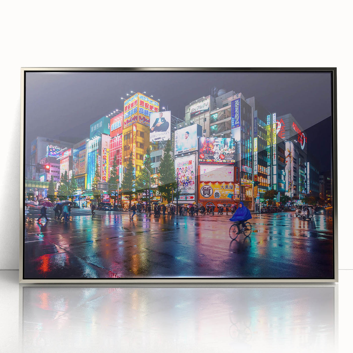 Mid-century modernist art depicting Tokyo skyline in muted silver and gray tones on framed acrylic.