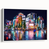 Vintage poster art of Tokyo skyline on framed canvas, featuring colorful art with black accents.