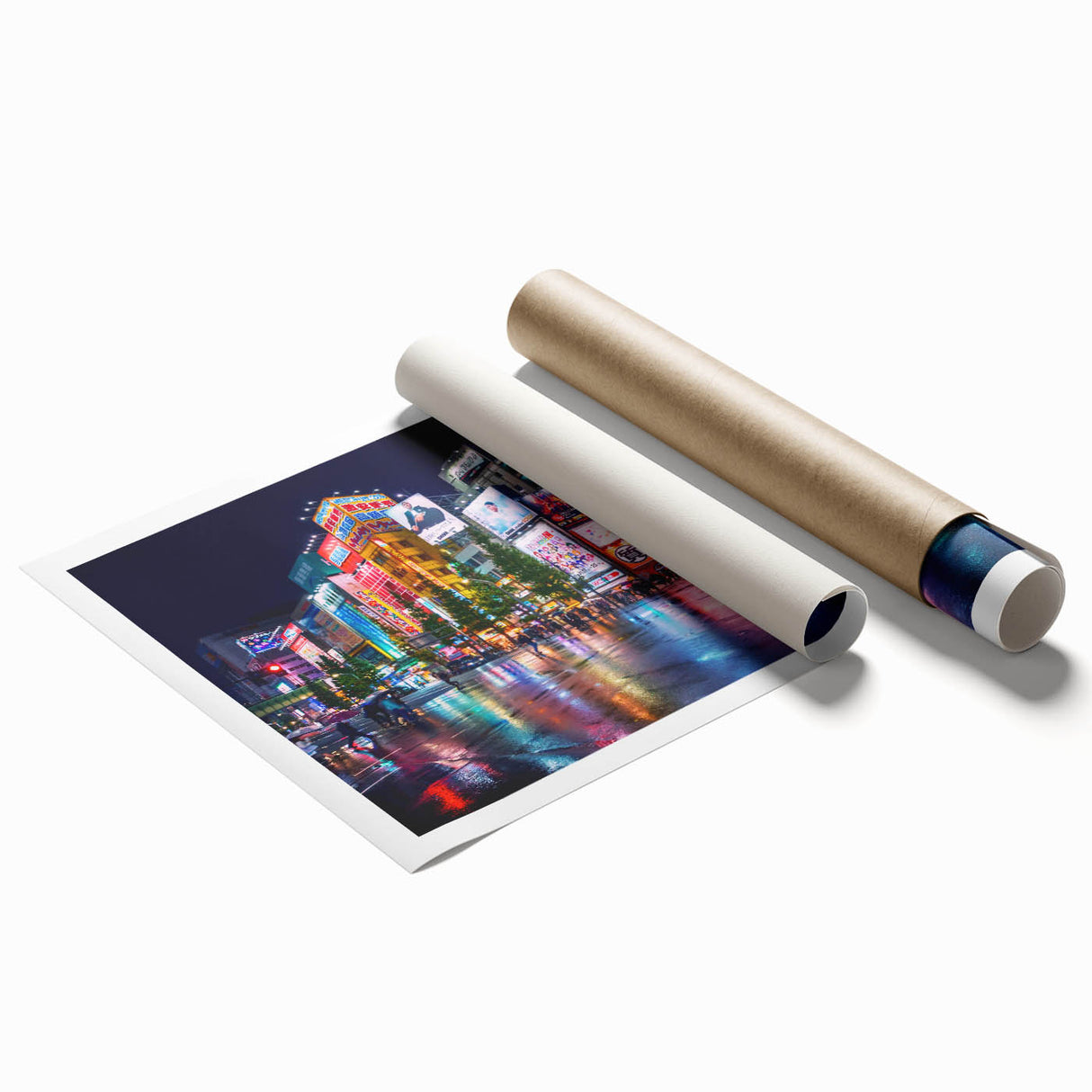 Extra large rolled print of Tokyo skyline with cherry blossoms in soft pink and white tones.