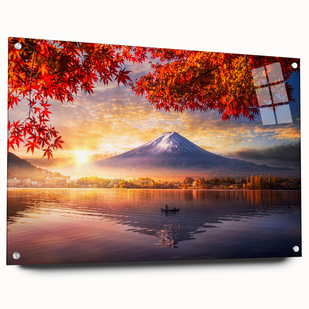 Large abstract wall art depicting a serene Japanese scenery in muted earth tones on acrylic glass.