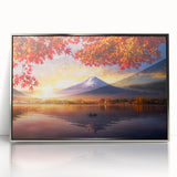 Mid-century modernist art depicting a serene Japanese landscape in muted earth tones, framed in silver acrylic.