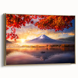 Vintage poster art of a Japanese landscape on framed canvas with muted gold and black tones, ideal for bedroom wall decor.