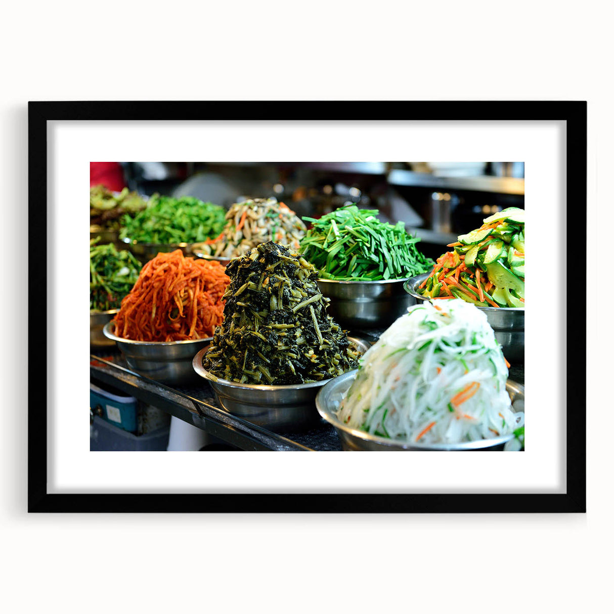 Extra large abstract art print depicting a colorful, textured Seoul skyline, framed in black, ideal for living room decor.