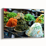 Framed canvas of a vintage Seoul landscape painting in muted gray and colorful accents, ideal for living room decor.
