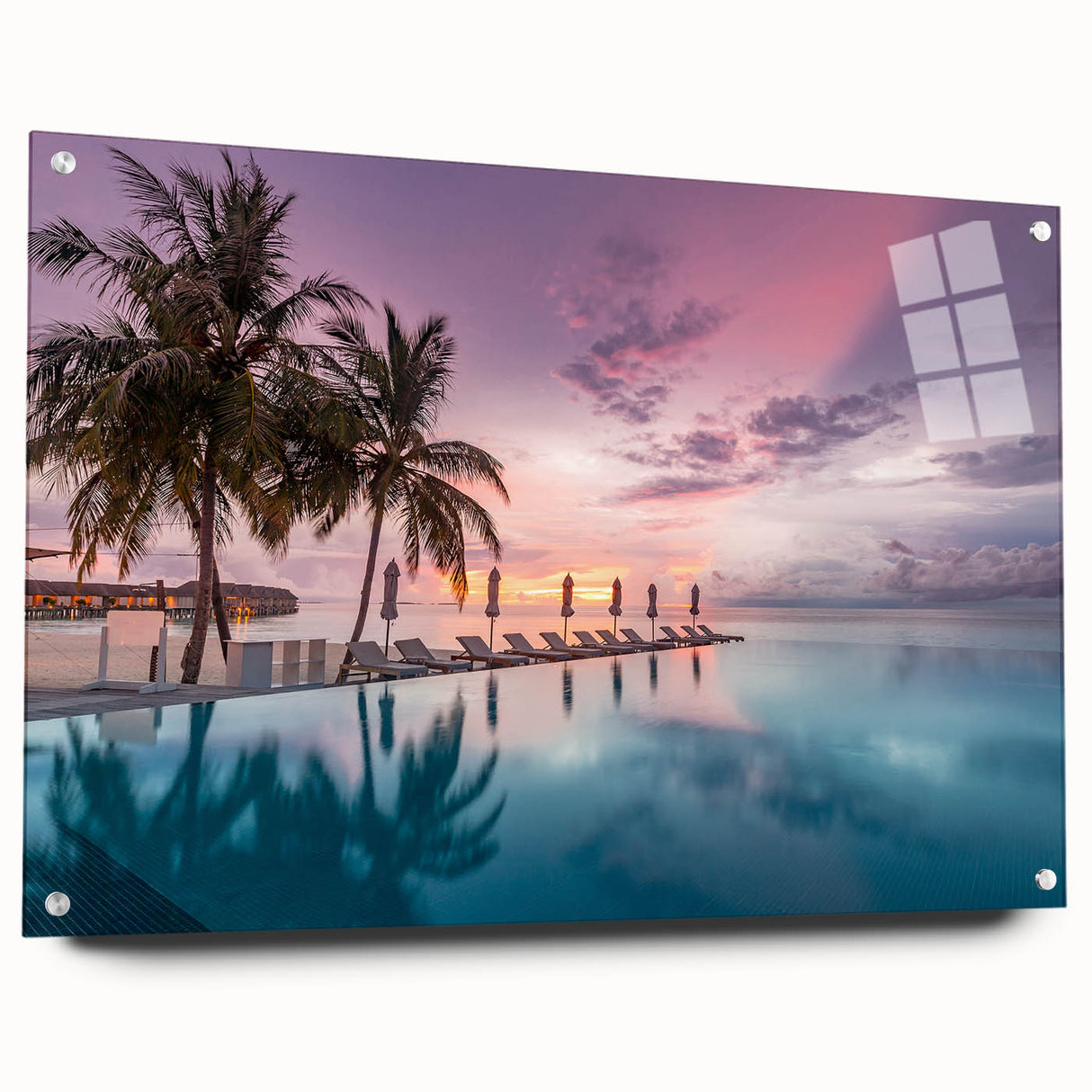 Acrylic print of a serene Maldives beach scene, with soft blue and white tones, perfect for bedroom or dining room decor.
