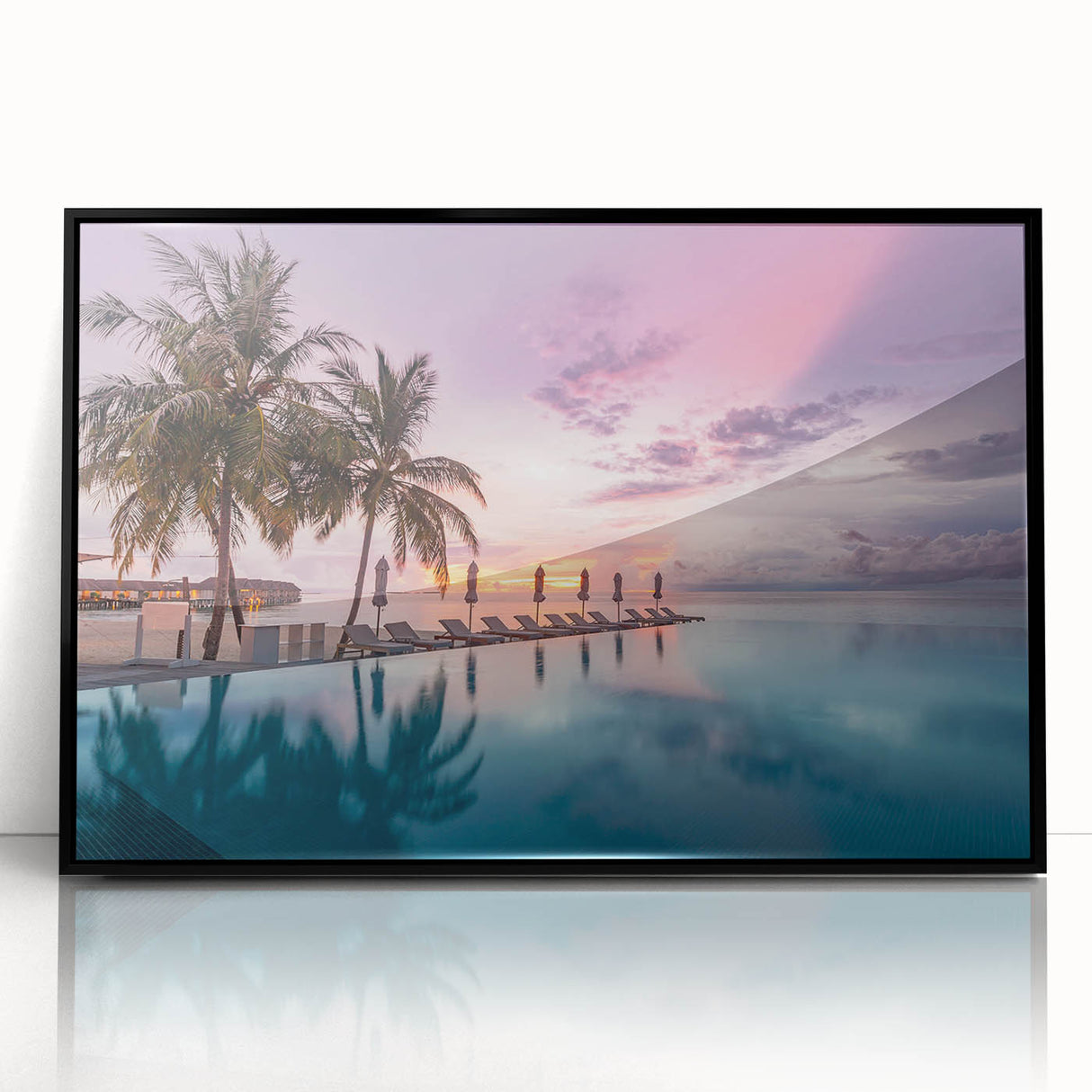 Large abstract wall art depicting a serene Maldivian seascape in muted blue tones on a framed acrylic.
