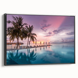 Black and white wall art featuring a serene Maldivian landscape on framed canvas, ideal for bedroom decor.