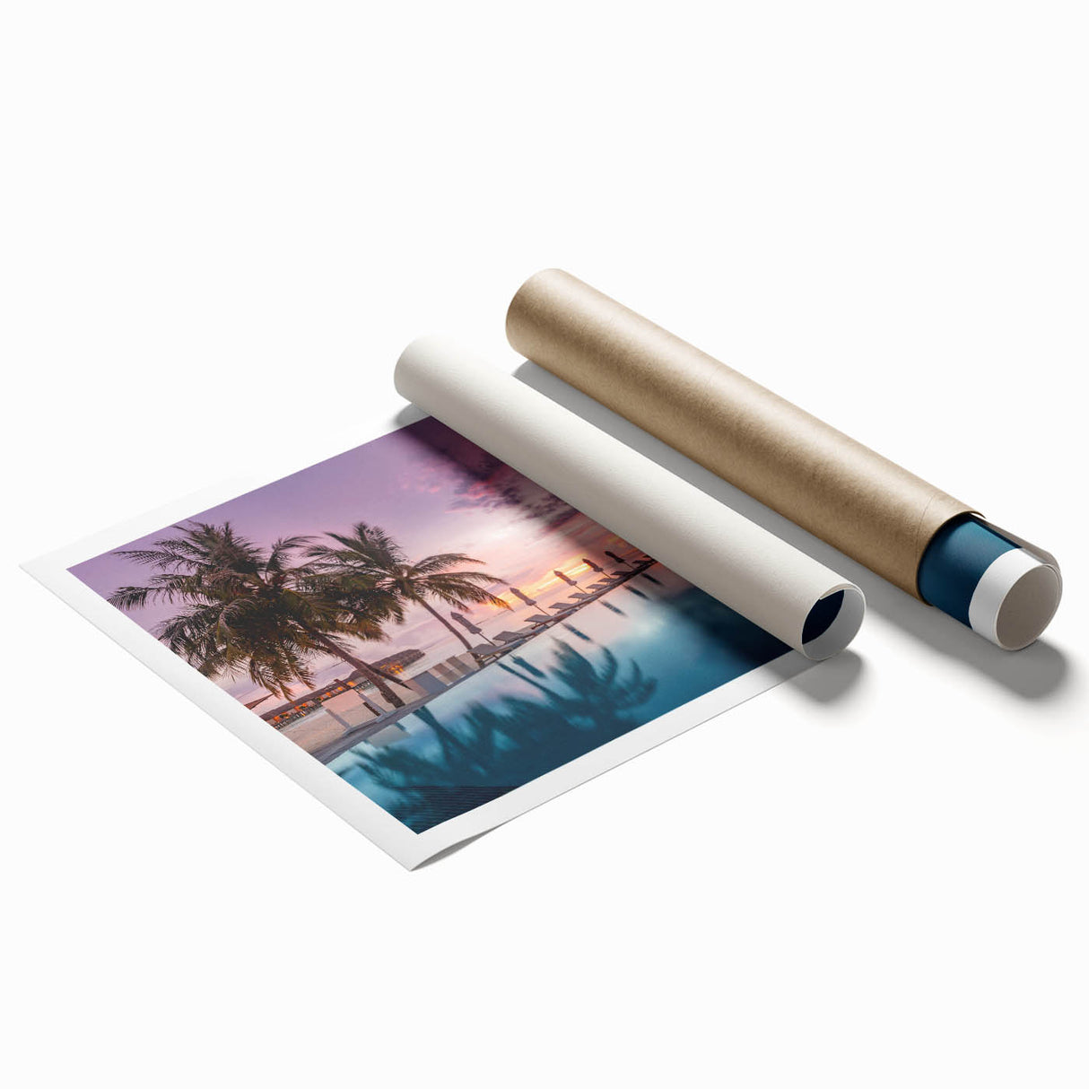 Extra large rolled print of a serene Maldivian beach with pastel blue and green hues, ideal for classy bathroom wall art.
