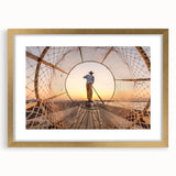 Extra large wall art featuring an abstract interpretation of a Myanmar landscape in gold and earth tones on a framed canvas.