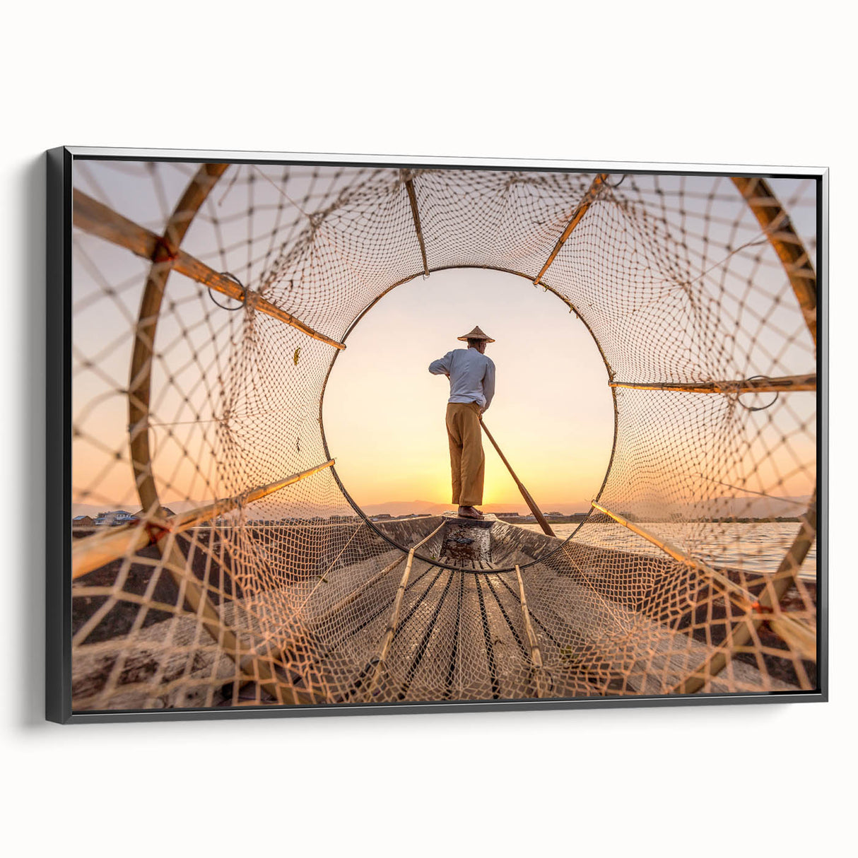 Black and white landscape art painting of Myanmar scenery on framed canvas, ideal for bedroom wall decor.