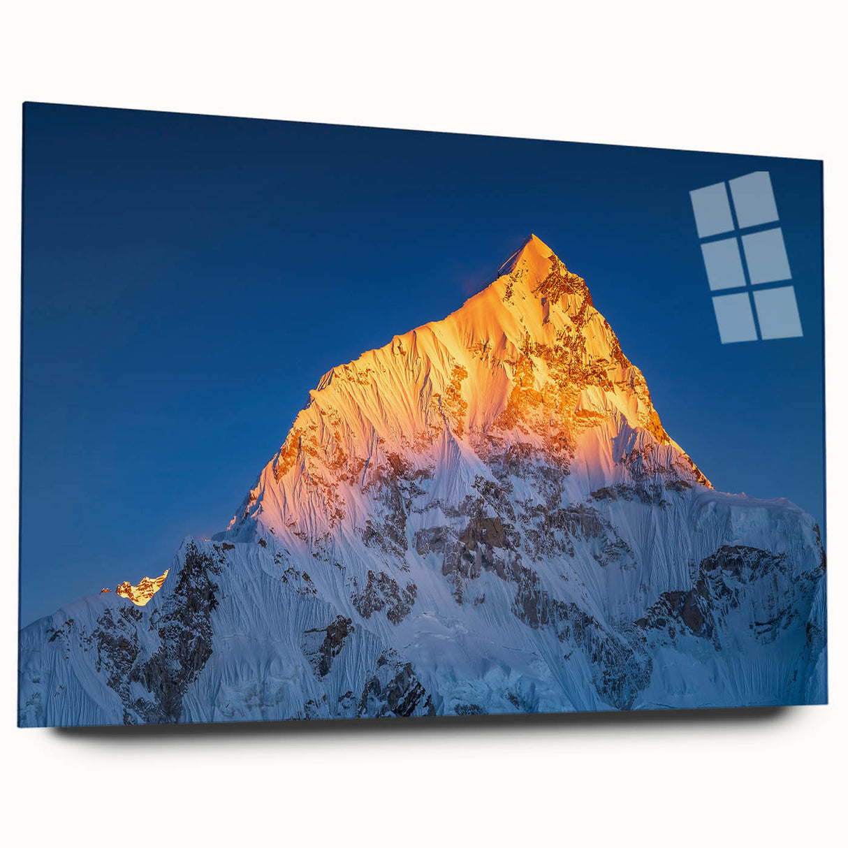 Acrylic glass print of Mount Everest in muted blue tones, ideal for bedroom or dining room art.