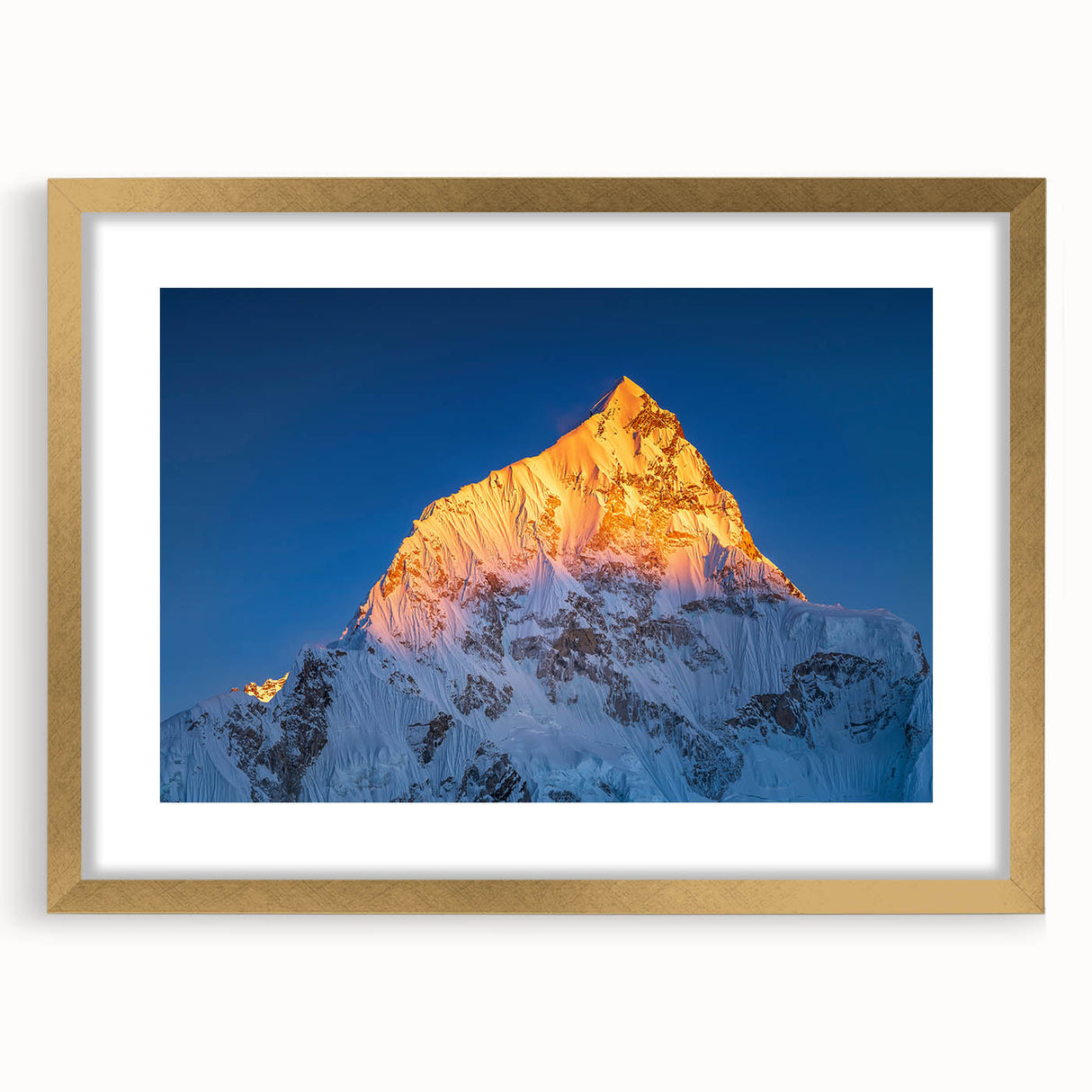 Extra large abstract art print of Mount Everest in textured style, featuring muted earth tones on a framed canvas.