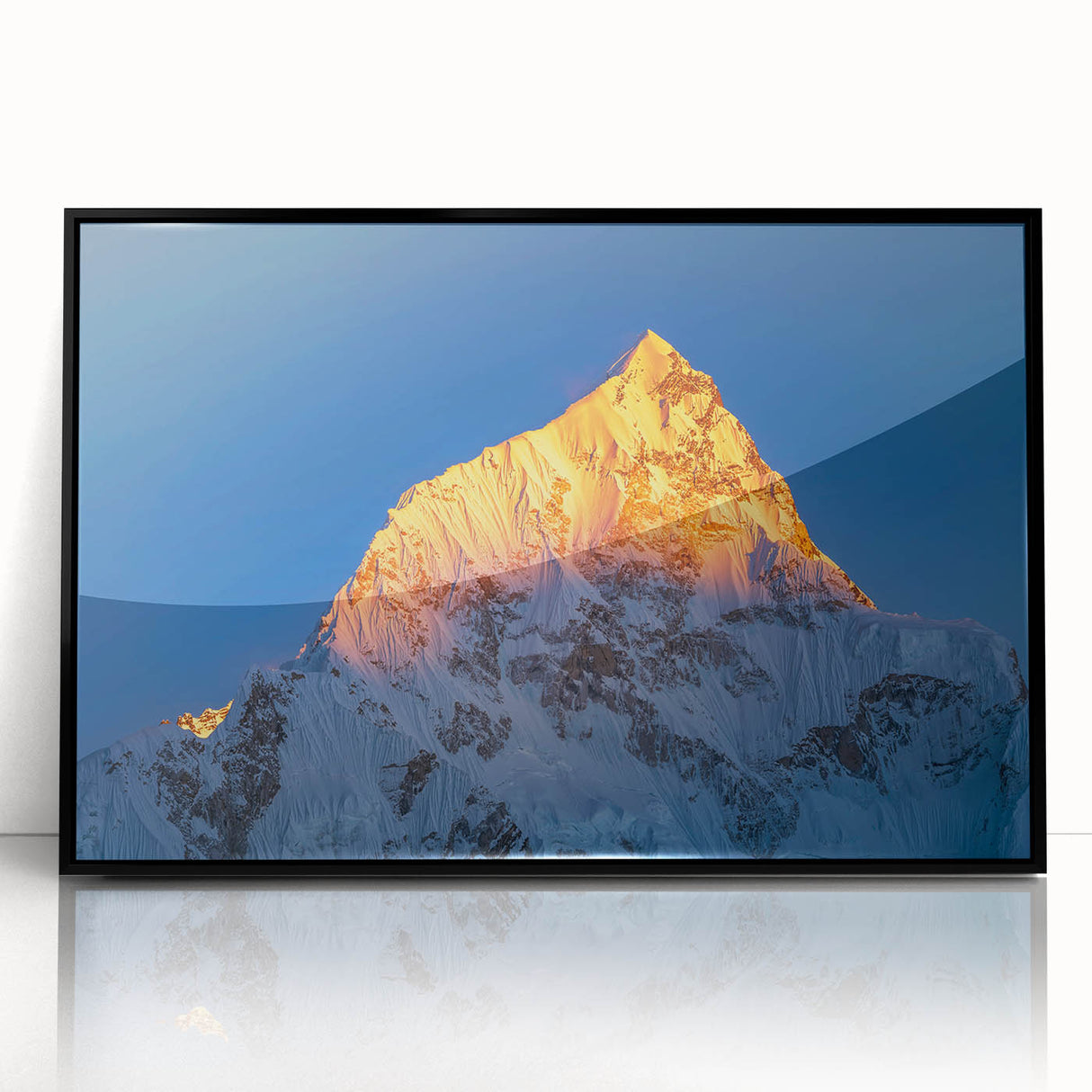 Large abstract wall art of Everest in Nepal, using muted earth tones on a framed acrylic, ideal for modern living room decor.