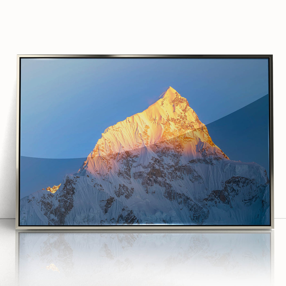 Mid-century modernist art depicting Mount Everest in muted earth tones on a framed acrylic print.