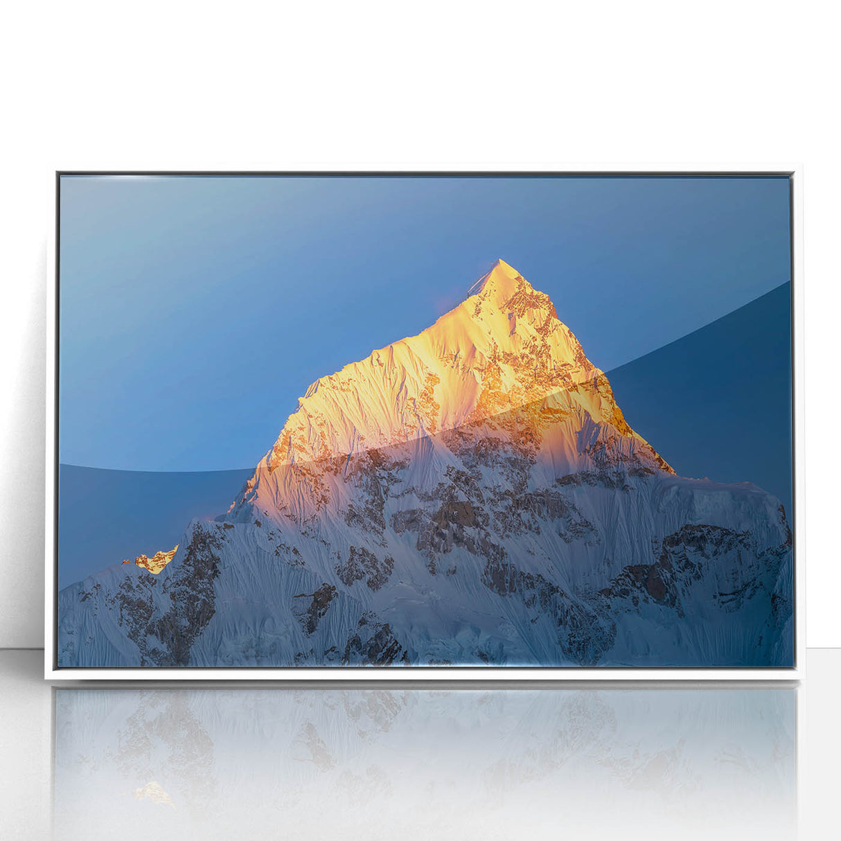 Acrylic print of Mount Everest depicted in art deco style with cool blue and white tones, suitable for modern art wall decor.
