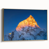 Framed canvas of vintage-style landscape painting depicting Mount Everest in black and gold tones.