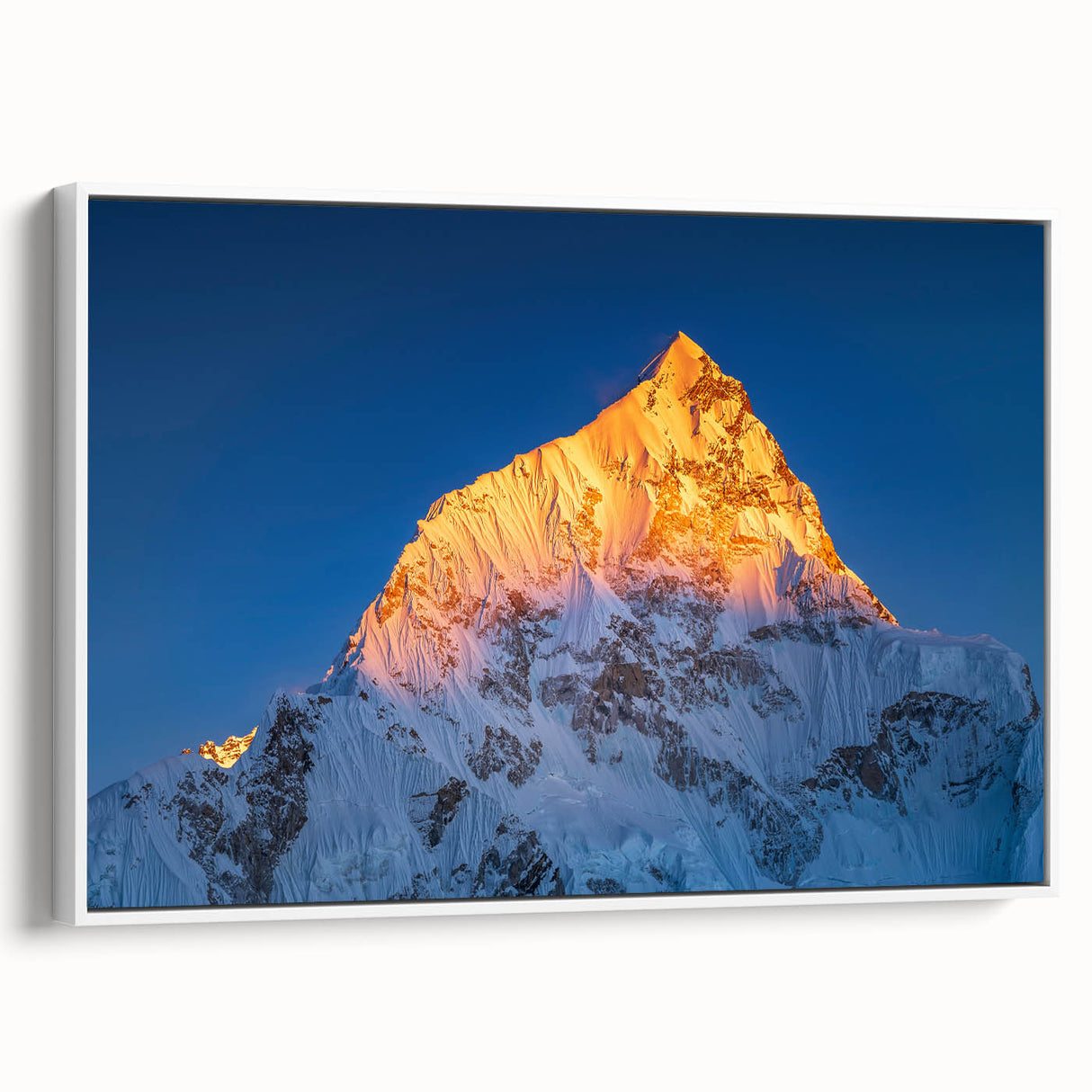 Vintage poster art of Mount Everest, featured in vibrant colors on a large framed canvas, ideal for living room decor.