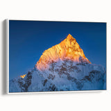 Vintage poster art of Mount Everest, featured in vibrant colors on a large framed canvas, ideal for living room decor.