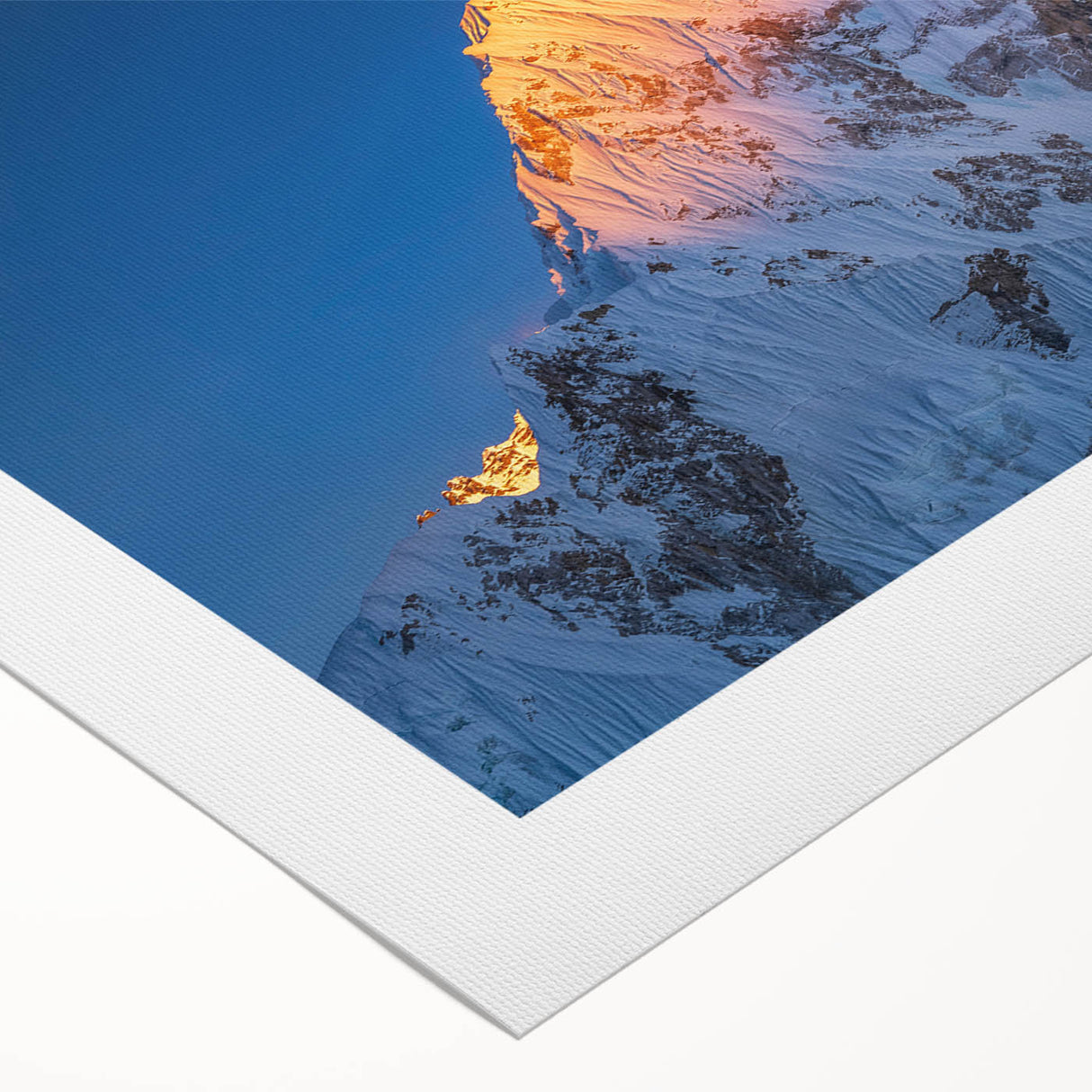 Art deco poster of Mount Everest in muted blue and white tones on rolled canvas, suitable for dining room wall art.