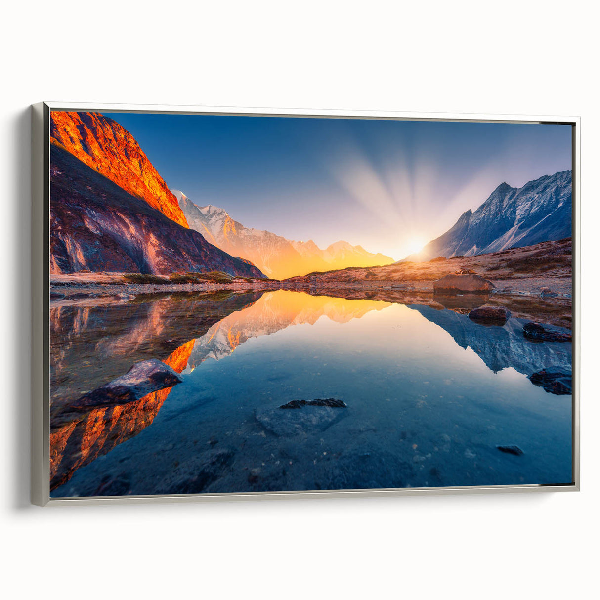 Landscape art painting of a serene Nepalese village, rendered in colorful hues on a framed canvas.