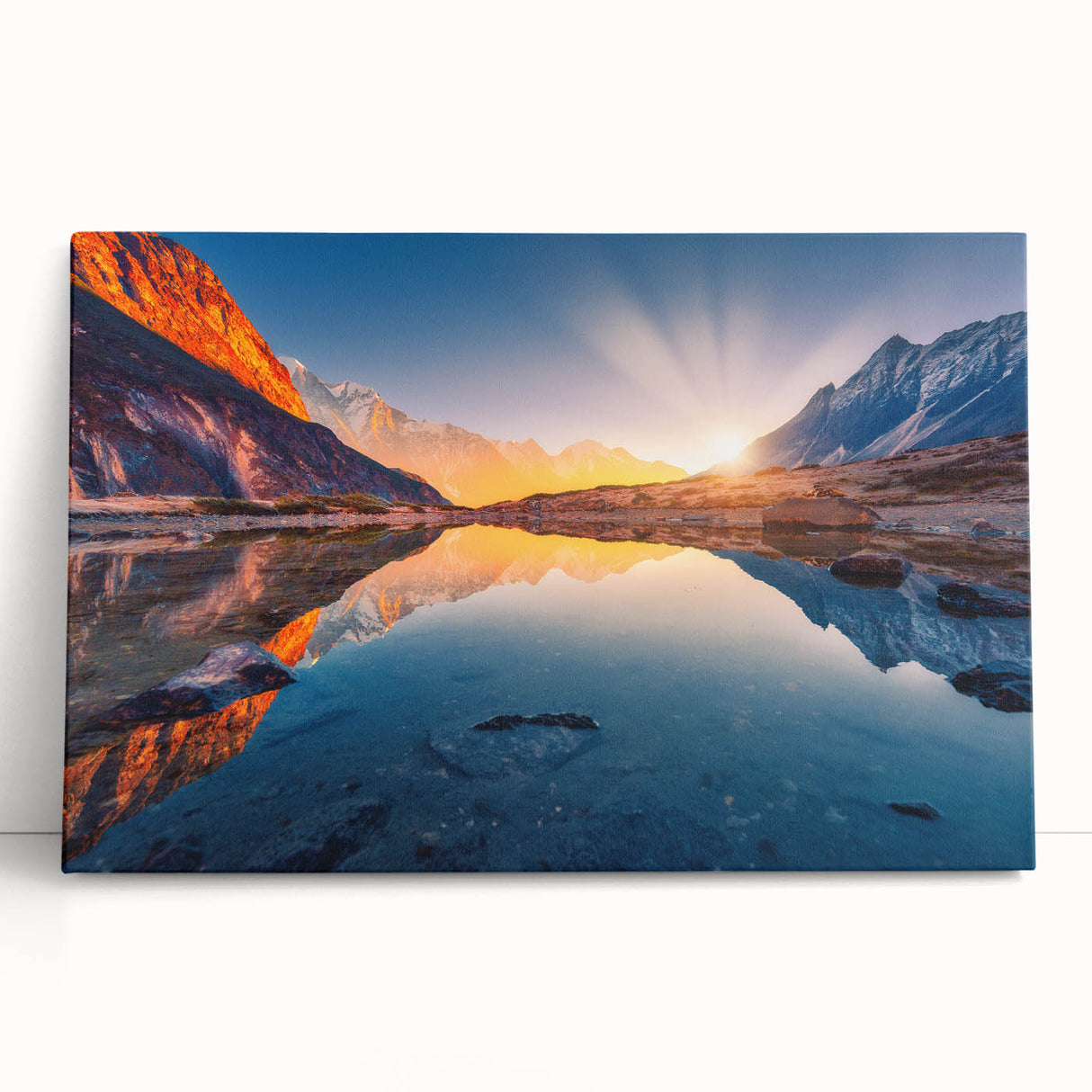 Black and white stretched canvas depicting a serene Nepalese landscape, ideal for kitchen wall art or bedroom ambiance.