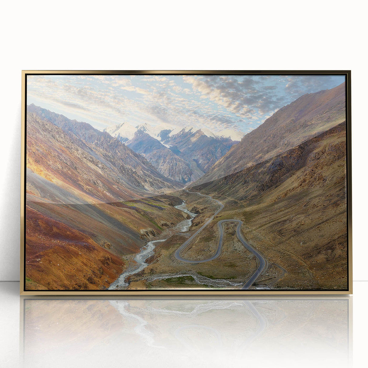 Mid-century modernist landscape of Pakistan in gold and green tones on a framed acrylic, suited for modern art wall decor.