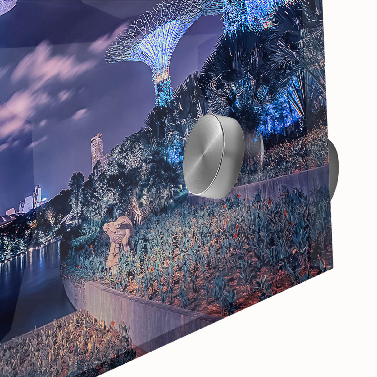 Large abstract wall art of Singapore skyline in vibrant hues on acrylic glass, ideal for dining room ambiance.