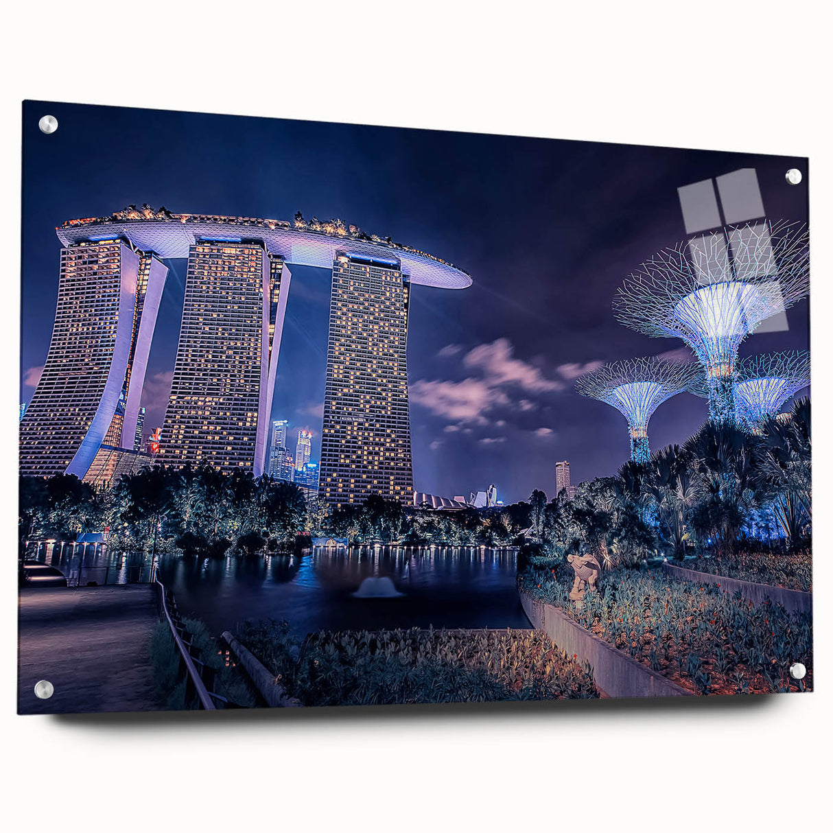 Acrylic print of Singapore skyline in muted gray and blue tones, suitable for bedroom or dining room decor.
