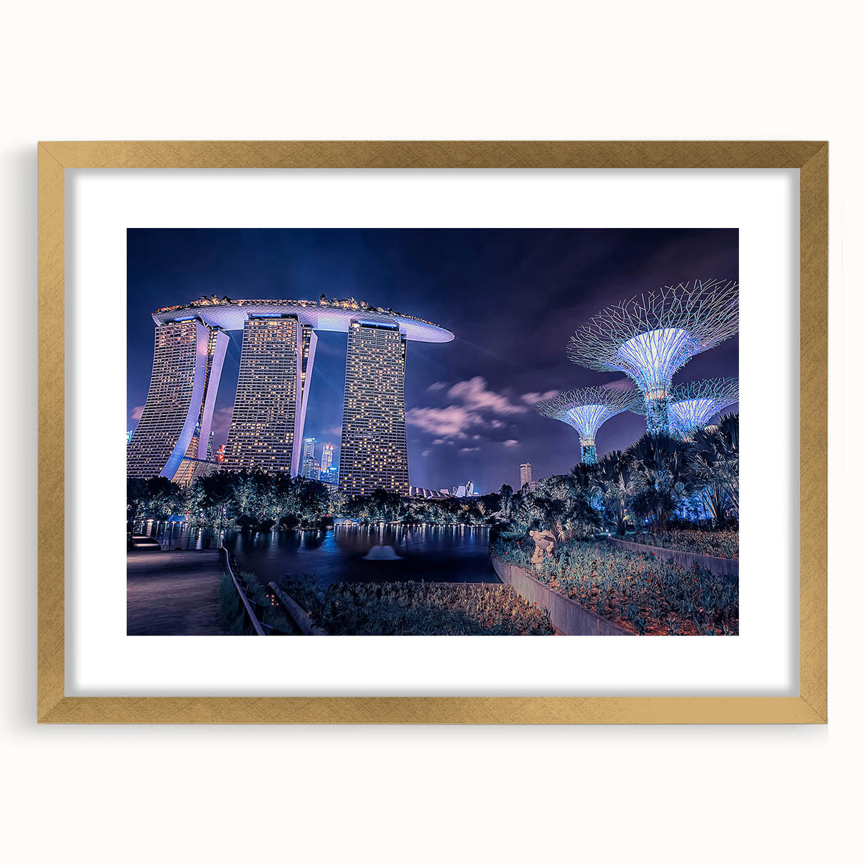Extra large abstract art print of Singapore skyline in muted gold and blue tones on a textured canvas.