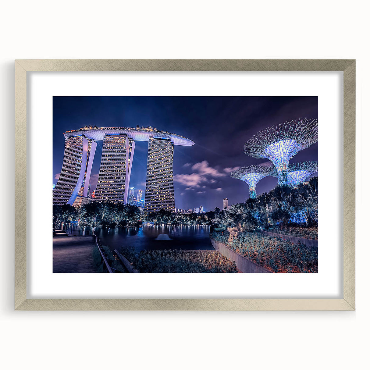 Textured abstract art print of Singapore skyline in muted gray and blue tones, framed with a silver mat.
