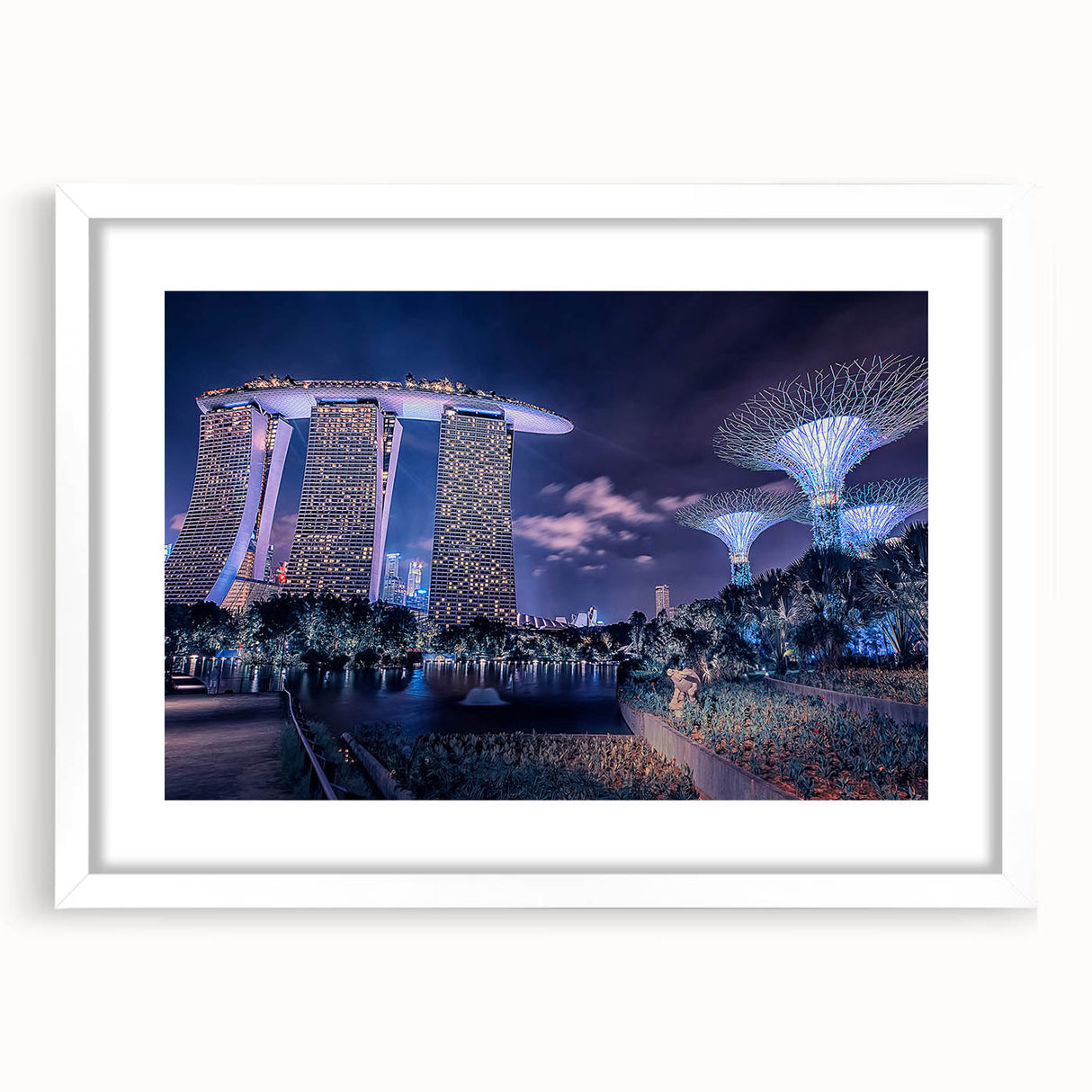 Abstract art print of Singapore skyline in muted gray and blue tones on a framed white mat, ideal for dining room decor.