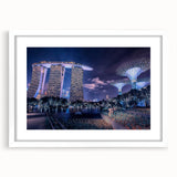 Abstract art print of Singapore skyline in muted gray and blue tones on a framed white mat, ideal for dining room decor.