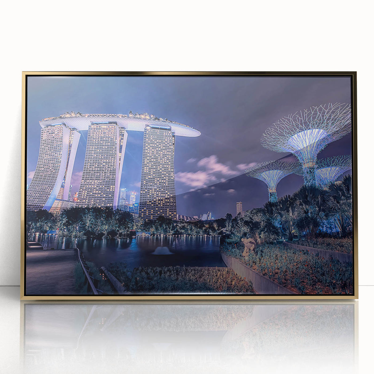Acrylic print of Singapore skyline in gold tones, framed, fitting for modern art wall decor.