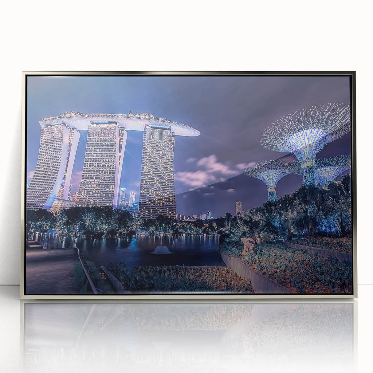 Mid-century modernist art of Singapore skyline in muted silver and gray tones on framed acrylic.